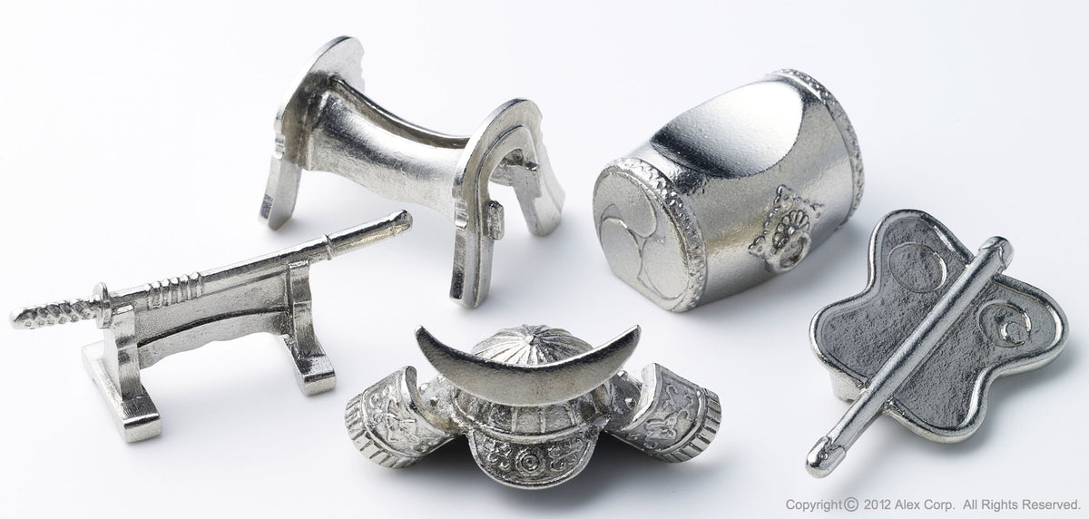 Clockwise from the left: Sword, Saddle, Drum, Fan, Helmet