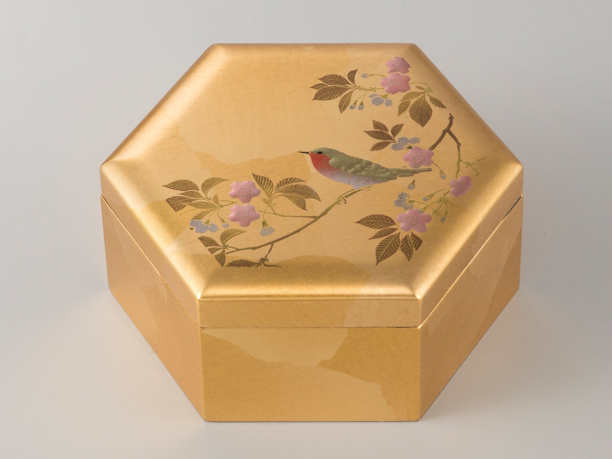 花見鳥 六角形 - 金箔 小箱